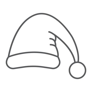 Santas şapka ince çizgi simgesi, kostüm ve yeni yıl, noel baba şapka işareti, vektör grafik, beyaz bir arka plan üzerinde doğrusal bir desen.