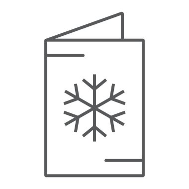 Noel kartı ince çizgi simgesi, dekor ve yeni yıl, şenlikli kartpostal işareti, vektör grafikleri, beyaz bir arka plan üzerinde doğrusal bir desen.