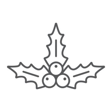 Noel holly berry ince çizgi simgesi, xmas ve kış, bitki işareti, vektör grafikleri, Doğrusal model beyaz bir arka plan üzerinde.