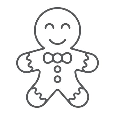 Gingerbread çerez ince çizgi simgesi, noel ve tatlılar, xmas tatlı işareti, vektör grafik, beyaz bir arka plan üzerinde doğrusal bir desen.