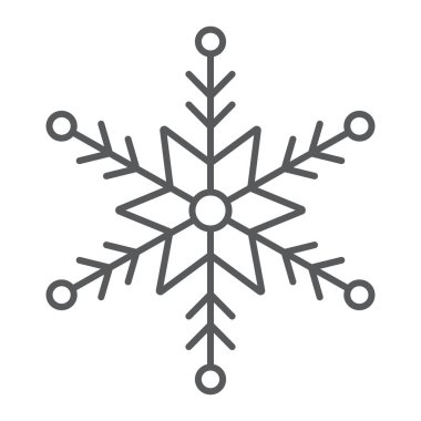 Kar tanesi ince çizgi simgesi, kış ve buz, kar işareti, vektör grafikleri, beyaz arka plan üzerinde doğrusal bir desen.