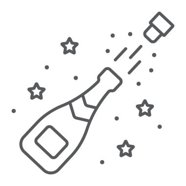 Şampanya şişesi pop ince satır simgesi, alkol ve kutlama, içki işareti, vektör grafikleri, Doğrusal model beyaz bir arka plan üzerinde.