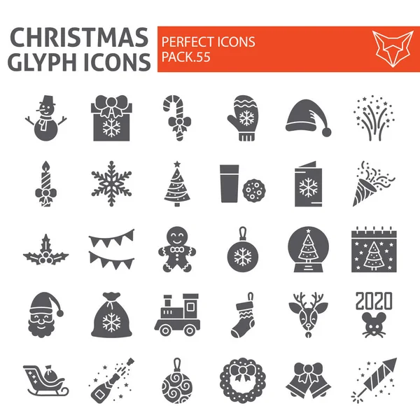 Conjunto de iconos de glifo de Navidad, colección de símbolos navideños, bocetos vectoriales, ilustraciones de logotipos, nuevos signos de año paquete de pictogramas sólidos aislados sobre fondo blanco . — Vector de stock