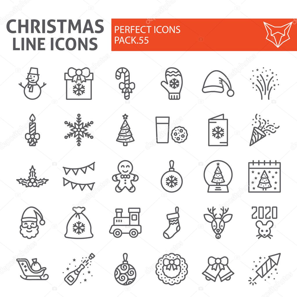 Christmas line icon set, holiday symbols collection, vector sketches, logo illustrations, new year signs linear pictograms package isolated on white background.