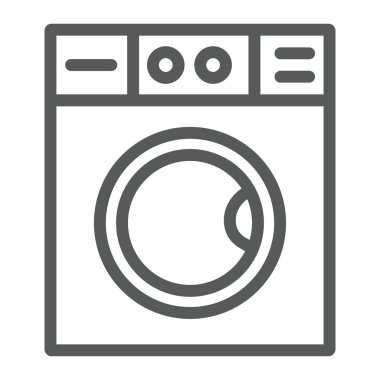 Çamaşır makinesi çizgi simgesi, çamaşırhane ve temizlik, çamaşır makinesi işareti, vektör grafikleri, beyaz arka plan üzerinde doğrusal bir desen.