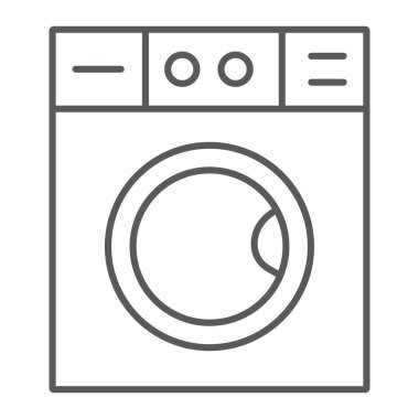 Çamaşır makinesi ince çizgi simgesi, çamaşırhane ve temizlik, çamaşır makinesi işareti, vektör grafikleri, beyaz arka plan üzerinde doğrusal bir desen.