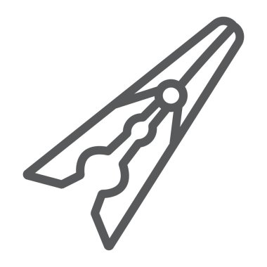 Clothespin çizgi simgesi, çamaşır hane ve kelepçe, giysi pin işareti, vektör grafikleri, beyaz arka planda doğrusal bir desen.