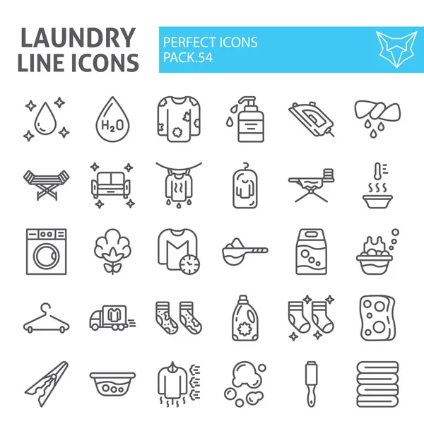 Conjunto de iconos de línea de lavandería, colección de símbolos de lavado, bocetos vectoriales, ilustraciones de logotipos, signos domésticos paquete de pictogramas lineales aislados sobre fondo blanco . — Vector de stock