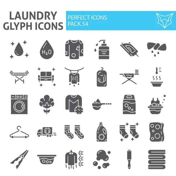 Conjunto de iconos de glifo de lavandería, colección de símbolos de lavado, bocetos vectoriales, ilustraciones de logotipo, signos domésticos paquete pictogramas sólidos aislados sobre fondo blanco . — Vector de stock