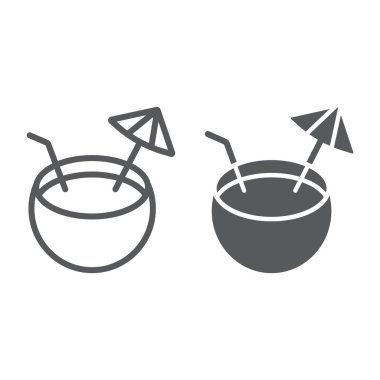 Hindistan cevizi hattı ve glyph simgesi, içecek ve tropikal, hindistan cevizi kokteyl işareti, vektör grafik, beyaz bir arka plan üzerinde doğrusal bir desen.