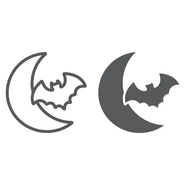 Línea murciélago y luna e icono de glifo, halloween y horror, signo de la noche, gráficos vectoriales, un patrón lineal sobre un fondo blanco . — Archivo Imágenes Vectoriales