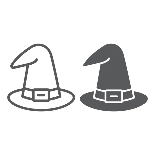 Línea de sombrero de bruja e icono de glifo, gorra y magia, signo de sombrero de mago, gráficos vectoriales, un patrón lineal sobre un fondo blanco . — Archivo Imágenes Vectoriales