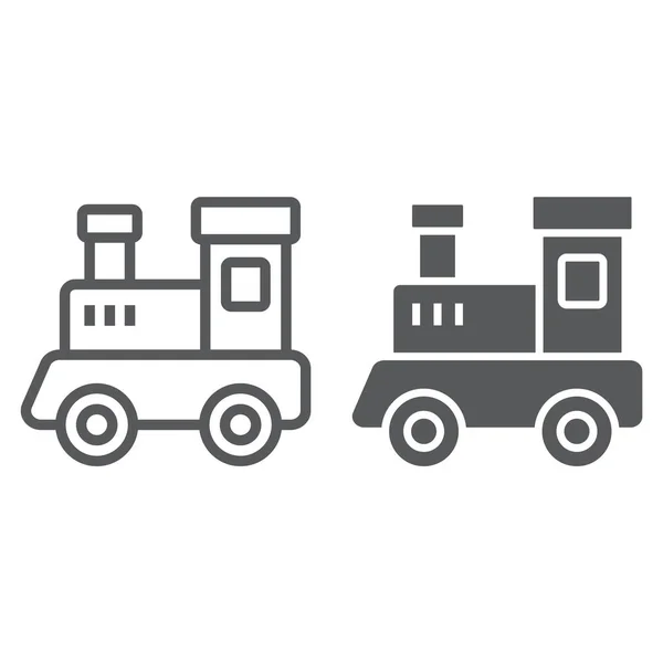 火车玩具线和字形图标，儿童和铁路，机车标志，矢量图形，白色背景上的线性图案 — 图库矢量图片