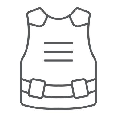 Vücut zırh ince çizgi simgesi, ordu ve askeri, kurşun geçirmez yelek işareti, vektör grafik, beyaz bir arka plan üzerinde doğrusal bir desen.