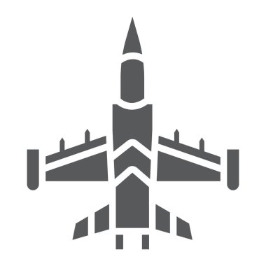 Jet avcı uçağı glyph simgesi, ordu ve kuvvet, askeri uçak işareti, vektör grafikleri, beyaz arka plan üzerinde sağlam bir desen.