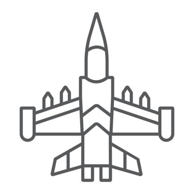 Jet avcı uçağı ince çizgi simgesi, ordu ve kuvvet, askeri uçak işareti, vektör grafikleri, beyaz arka plan üzerinde doğrusal bir desen.