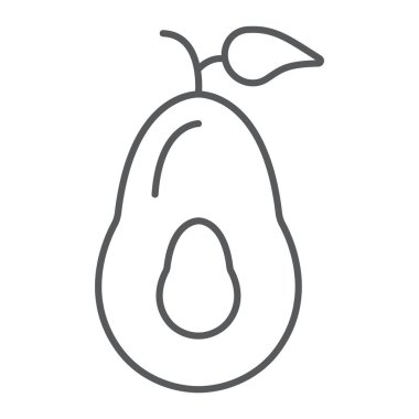 Avokado ince çizgi simgesi, meyve ve sebze, diyet besin işareti, vektör grafikleri, beyaz arka planda doğrusal desen.