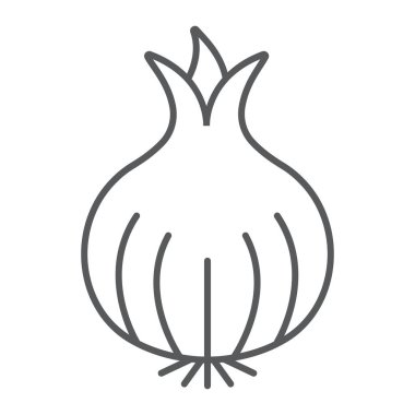 Soğan ince çizgi ikonu, organik ve sebze, vejetaryen gıda işareti, vektör grafikleri, beyaz arka grond üzerinde doğrusal desen.