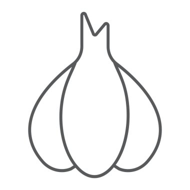 Sarımsak ince çizgi ikonu, keskin ve sebze, karanfil işareti, vektör grafikleri, beyaz arka grond üzerinde doğrusal desen.