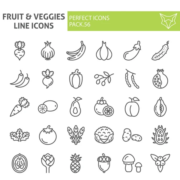 Groenten en fruit lijn pictogram set, voedsel symbolen collectie, vector schetsen, logo illustraties, kruidenier tekens lineaire pictogrammen pakket geïsoleerd op witte achtergrond. — Stockvector