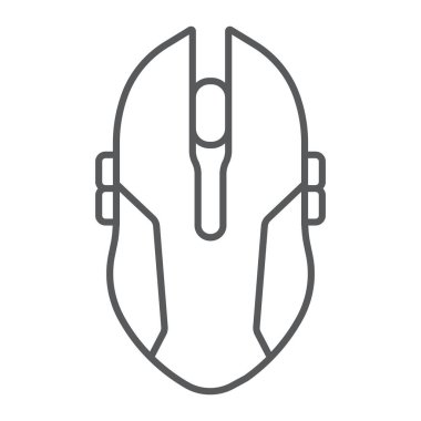 Oyun faresi ince çizgi simgesi, oyun ve aygıt, bilgisayar fare işareti, vektör grafikleri, beyaz arkaplan üzerinde doğrusal desen.