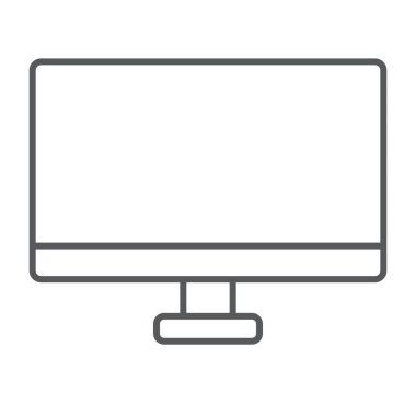 İnce çizgi simgesini, masaüstünü ve aygıtı, bilgisayar göstergesi, vektör grafiklerini, beyaz arkaplanda doğrusal deseni görüntüle.