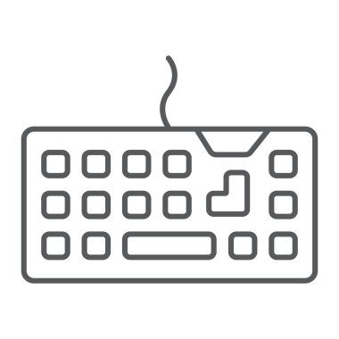 Klavye ince çizgi simgesi, teknoloji ve aygıt, tuş takımı işareti, vektör grafikleri, beyaz arkaplan üzerinde doğrusal desen.