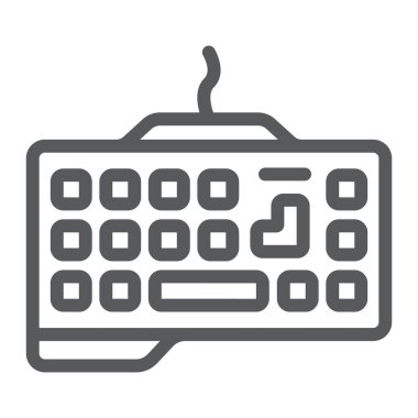 Oyun klavyesi çizgisi simgesi, teknoloji ve aygıt, tuş takımı işareti, vektör grafikleri, beyaz arkaplan üzerinde doğrusal desen.