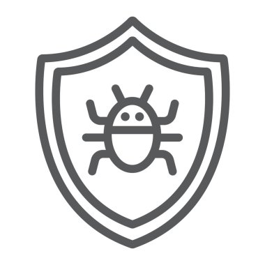 Antivirüs çizgi simgesi, teknoloji ve koruma, yazılım güvenlik duvarı işareti, vektör grafikleri, beyaz arka planda doğrusal desen.