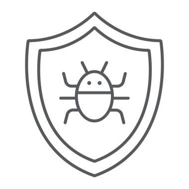 Antivirüs ince çizgi simgesi, teknoloji ve koruma, yazılım güvenlik duvarı işareti, vektör grafikleri, beyaz arkaplan üzerinde doğrusal desen.