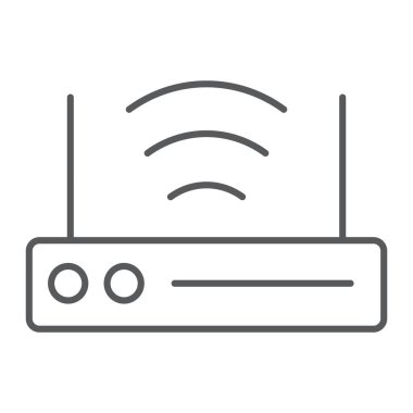 Wifi router ince çizgi simgesi, teknoloji ve aygıt, kablosuz internet işareti, vektör grafikleri, beyaz arkaplan üzerinde doğrusal desen.