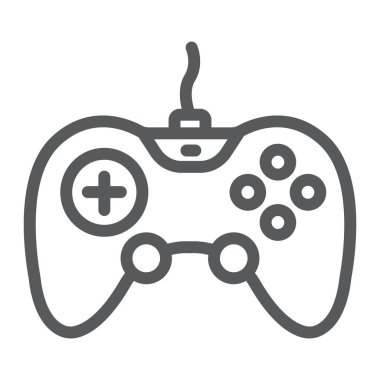 Gamepad satır simgesi, teknoloji ve eğlence, joystick işareti, vektör grafikleri, beyaz arkaplan üzerinde doğrusal desen.