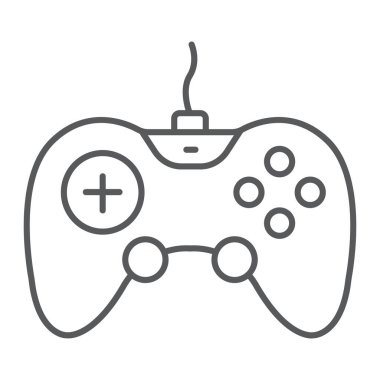 Gamepad ince çizgi simgesi, teknoloji ve eğlence, joystick işareti, vektör grafikleri, beyaz arkaplanda doğrusal desen.
