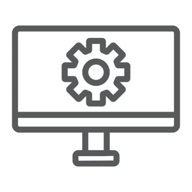 Bilgisayar ayarları çizgi simgesi, teknoloji ve ekipman, dişli işaretli monitör, vektör grafikleri, beyaz arkaplan üzerinde doğrusal desen.