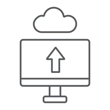 İnce çizgi simgesi, teknoloji ve sistem, veri aktarım işareti, vektör grafikleri, beyaz arkaplan üzerinde doğrusal desen yükle.