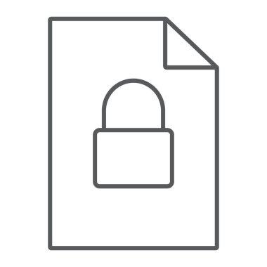 Kilitli dosya ince çizgi simgesi, belge ve bilgisayar, asma kilit işareti, vektör grafikleri olan dosya, beyaz arkaplan üzerinde doğrusal desen.