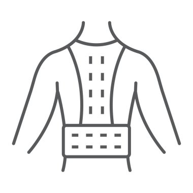 Ortopedik korse ince çizgi simgesi, ortopedik ve tıbbi, duruş düzeltme askısı işareti, vektör grafikleri, beyaz arkaplan üzerinde doğrusal desen.