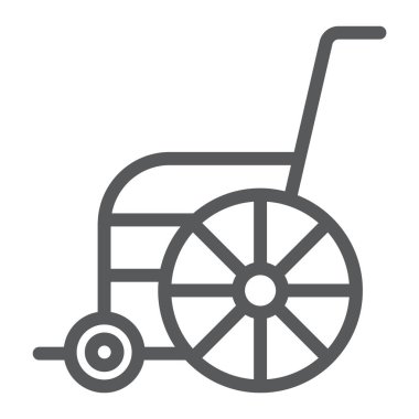 Tekerlekli sandalye çizgisi simgesi, ortopedik ve tıbbi, engelli sandalye işareti, vektör grafikleri, beyaz arka planda doğrusal desen.