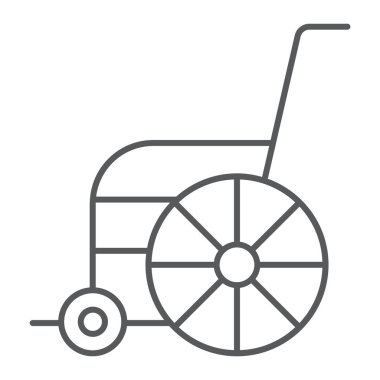 Tekerlekli sandalye ince çizgi simgesi, ortopedik ve tıbbi, engelli sandalye işareti, vektör grafikleri, beyaz arka planda doğrusal desen.
