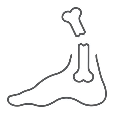 Ayak kırılan ince çizgi simgesi, tıbbi ve sağlık hizmeti, bacak yaralanması işareti, vektör grafikleri, beyaz arka planda doğrusal desen.