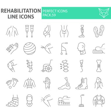 Rehabilitasyon ince çizgi simgesi seti, terapi sembolleri koleksiyonu, vektör çizimleri, logo illüstrasyonları, fizyoterapi işaretleri beyaz arkaplanda izole edilmiş doğrusal piktogramlar paketi.