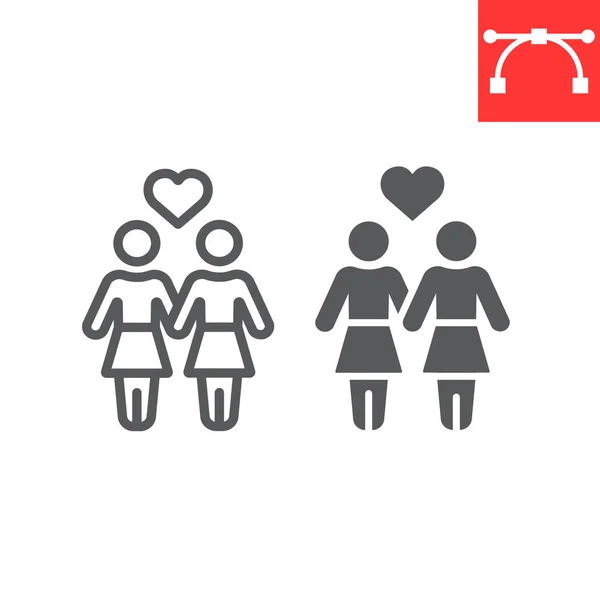 Lesbian couple line and glyph icon, lgbt and heart, female couple sign vector graphics, editable stroke linear icon, eps 10. — Stock Vector