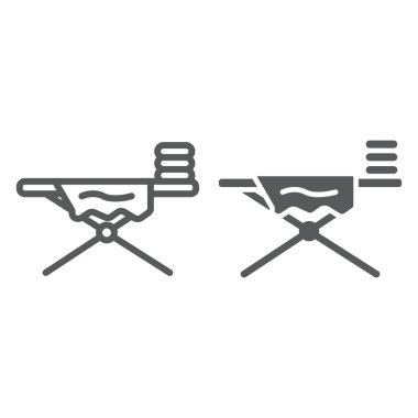 Pano satırı ve simge simgesi, çamaşır ve temizlik, ev aletleri tabelası, vektör grafikleri, beyaz arkaplan üzerinde doğrusal desen.