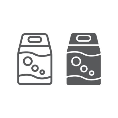 Yıkama tozu çizgisi ve simge, çamaşır ve temizlik, çamaşır deterjanı işareti, vektör grafikleri, beyaz arka planda doğrusal desen.