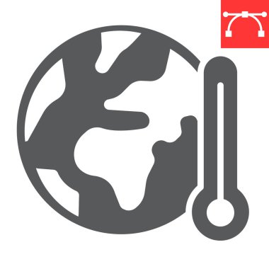 Küresel ısınma sembolü, doğa ve ekoloji, termometre işaretli vektör grafikleri olan gezegen, düzenlenebilir felç katı ikonu, 10 birim.