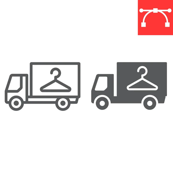 Línea de entrega de servicio de lavandería e icono de glifo, limpieza en seco y vehículo, gráficos vectoriales de señales de camiones, icono lineal de carrera editable, eps 10 . — Vector de stock