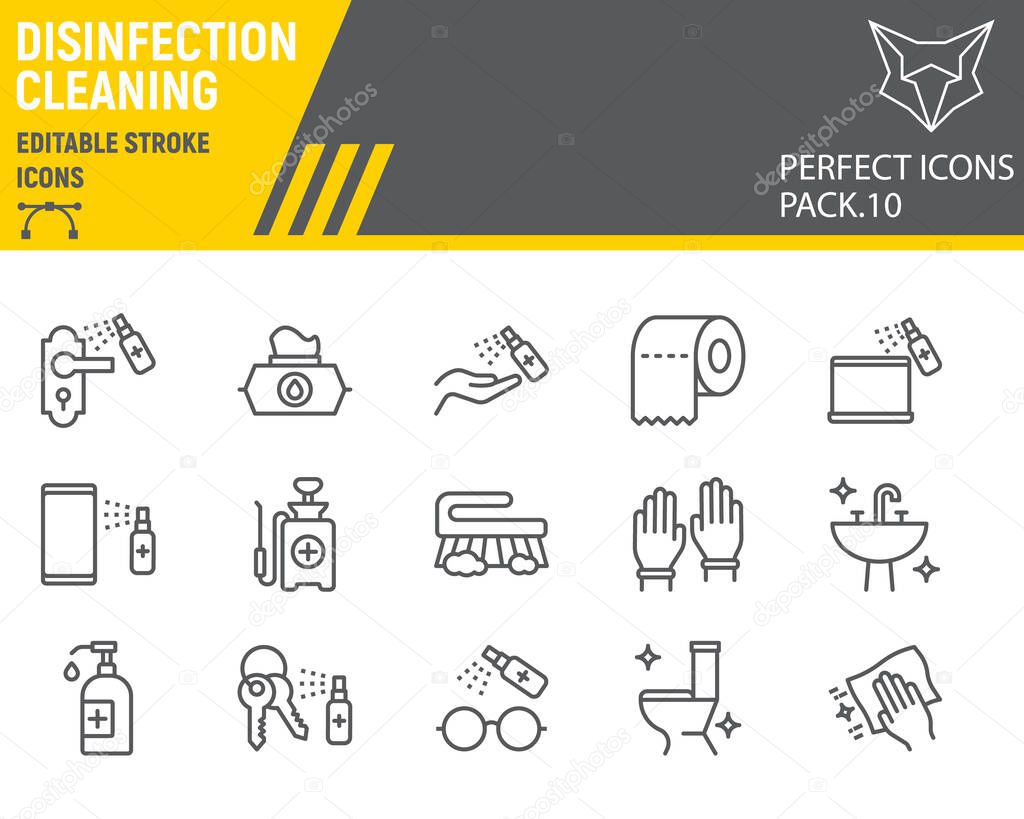 Disinfection line icon set, cleaning symbols collection, vector sketches, logo illustrations, hygiene icons, antibacterial cleaning signs linear pictograms, editable stroke