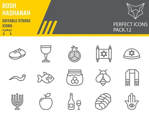 Rosh hashanah çizgi simgesi seti, Hanuka koleksiyonu, vektör çizimleri, logo çizimleri, shana tova simgeleri, rosh hashanah lineer piktogramlar, düzenlenebilir felç işaretleri.