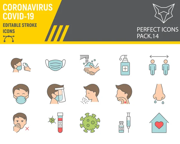 Набор иконок коронавируса, коллекция предупреждений, векторные эскизы, иллюстрации логотипа, значки ковида-19, пиктограммы с надписями 2019-ncov, редактируемый штрих. — стоковый вектор