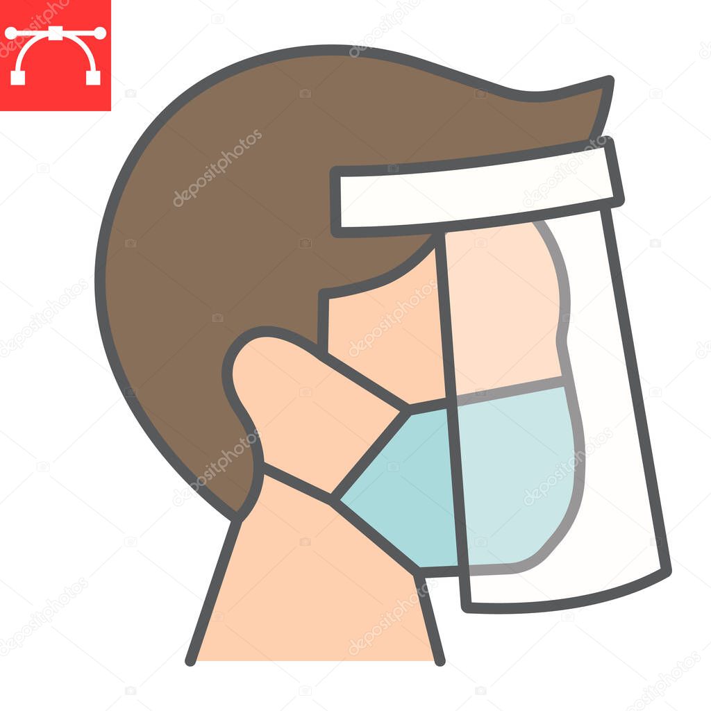 Face shield mask color line icon, protection and covid-19, face mask sign vector graphics, editable stroke filled outline icon, eps 10.
